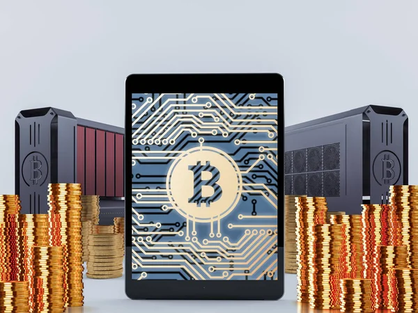 Finanzas Bitcoin. Primer plano de bitcoins dorados lanzados al aire —  Fotos de Stock