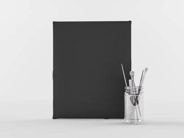 Mock up canvas met verf en borstels tak op witte pagina — Stockfoto