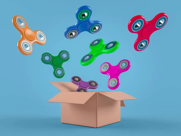 Group fidget spinner stress relieving toy colorful. Fly out of t — Stock Photo, Image