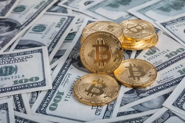 Bitcoin ouro com microcircuitos em um fundo dólar backgroun — Fotografia de Stock