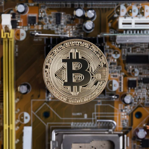 Gold bitcoin with microcircuits on a blue background. The concep — Stock Photo, Image