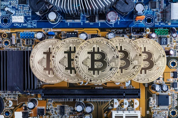 Золото bitcoin з мікросхеми на синьому тлі. На concep — стокове фото