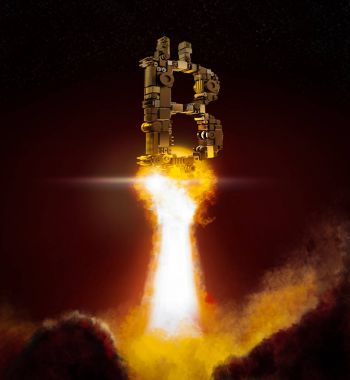 Bitcoin altın ve para yıldırım blockchain zor iş kavramı koyu arka plan üzerinde