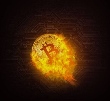 Bitcoin altın ve para yıldırım blockchain zor iş kavramı koyu arka plan üzerinde