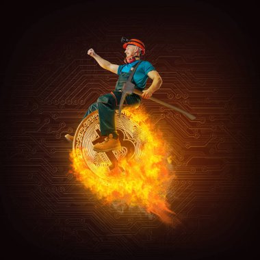 Bitcoin altın ve para yıldırım blockchain zor iş kavramı koyu arka plan üzerinde