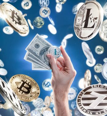 El litecoins sikke ve dolarlarına uçan zemin karşı sikkeleri ile. Dijital para Satım cryptocurrency kavramı