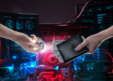 Elle sikke ve litecoin sikke ve dolarlarına bilgisayar devre kartlarına Kripto Döviz Alım minning için arka planı ile bir deri çanta. Dijital izleme, denetleme ve para cryptocurrency konsept değişimi