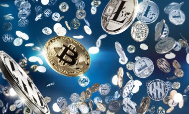 Uçan ve düşen bitcoins ve litecoins orta alana sahip. Dijital izleme, denetleme ve para cryptocurrency konsept değişimi. Yüksek çözünürlüklü fotoğraf.