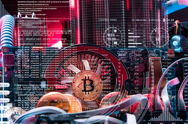 Genel Kavram Bilgisayar Bilgisayar Devre Levhasını Bitcoin Madencilik — Stok fotoğraf