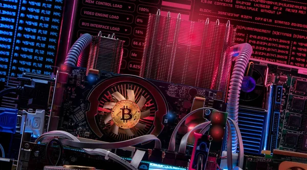 Konsep Papan Komputer Sirkuit Untuk Penambangan Bitcoin — Stok Foto