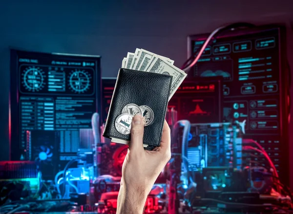 Hand holding leather wallet with bitcoin coins and dollar bills against of computer circuit boards for the crypto currency minning. Digital monitoring, checking and money exchange cryptocurrency concept — Stock Photo, Image