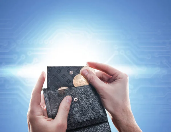 Hands with coins and a leather wallet with litecoin coins against the the blue background. Digital monitoring, checking and money exchange cryptocurrency concept — Stock Photo, Image