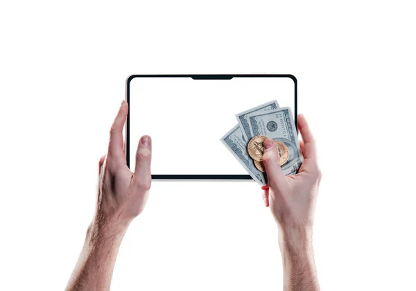 Hands holding mobile tablet with empty screen and bitcoin coins, dollar bills on the white background. Digital monitoring, checking and money exchange cryptocurrency concept — Stock Photo, Image