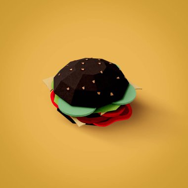 Fast food kavramı. Burger Sarı zemin üzerine karton dan. C