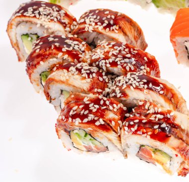 Japanese Sushi isolated on white background. Close up. Studio photo.