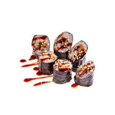 Japanese Sushi isolated on white background. Close up. Studio photo.