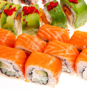 Japanese Sushi isolated on white background. Close up. Studio photo.