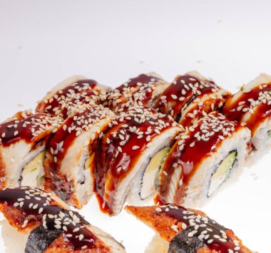 Japanese Sushi isolated on white background. Close up. Studio photo.