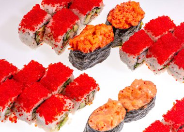 Japanese Sushi isolated on white background. Close up. Studio photo.