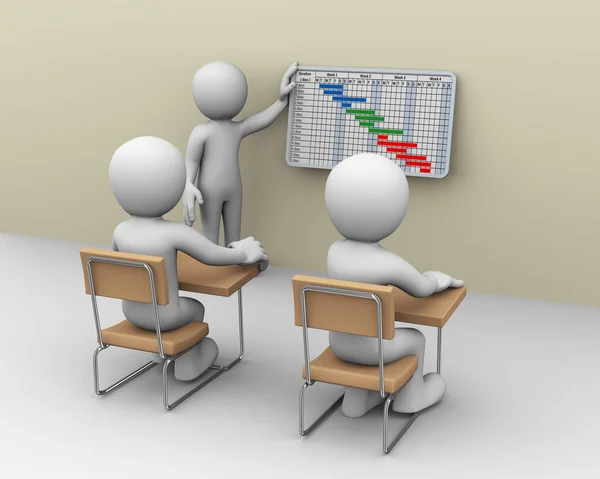 3D-Geschäftsmann präsentiert Fortschritte im Gantt-Diagramm — Stockfoto