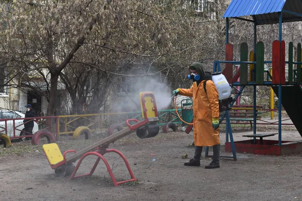 Almaty Kazakhstan 2020 Man Special Suit Disinfects Yard Playground — Stock Photo, Image