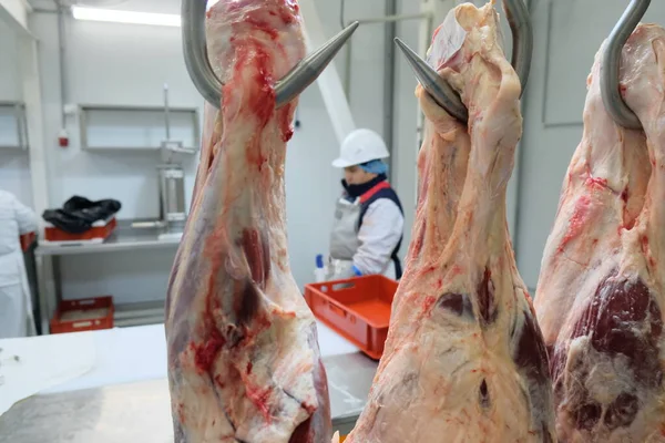 Almaty Kazajstán 2019 Empleados Granja Producción Reparten Canal Carne Cortan — Foto de Stock