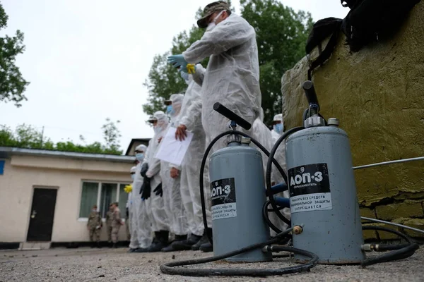 Almaty Cazaquistão 2020 Preparação Dos Militares Para Realizar Desinfecção Território — Fotografia de Stock