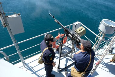 Aktau / Kazakistan - 08.16.2018: Kazakistan Deniz Kuvvetleri tatbikatları sırasında hedef atışı