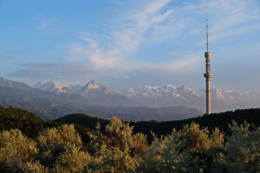 Kok Tobe TV kulesi, yüksek bir tepede, Kazakistan 'ın Almatı şehrinin üzerindeki ağaçlarla birlikte. Akşam vakti, gün batımından önce