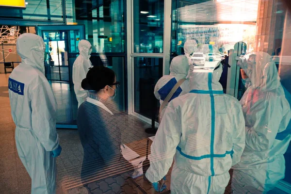 Almaty Kazakhstan 2020 Glass Enclosed Room Airport Medics Police Check — Stock Photo, Image