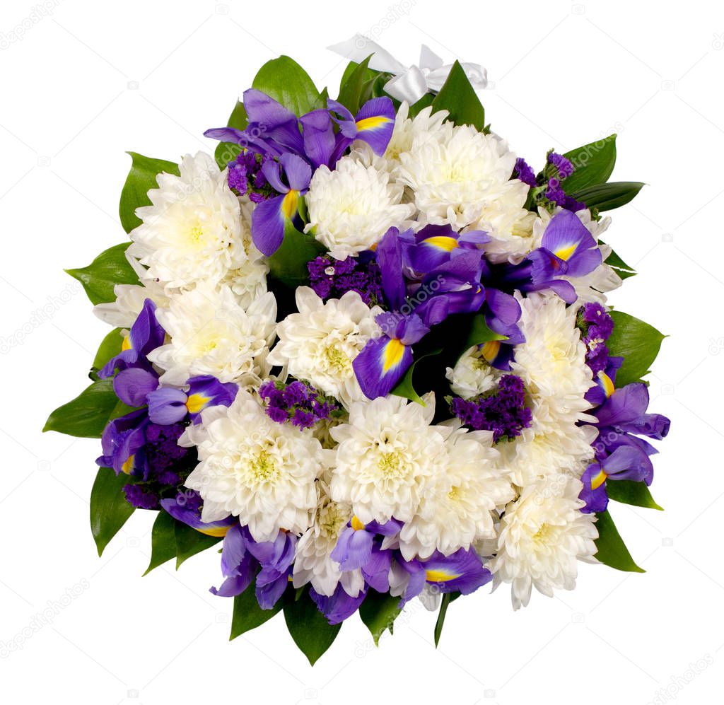 Bouquet of flowers from chrysanthemums, irises, statice and rusk