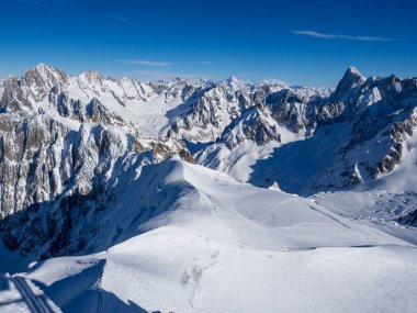 Kar yamaç mavi gökyüzü ve Alpler, Mont Blanc, Fransa dik doruklarına karşı Dağı.