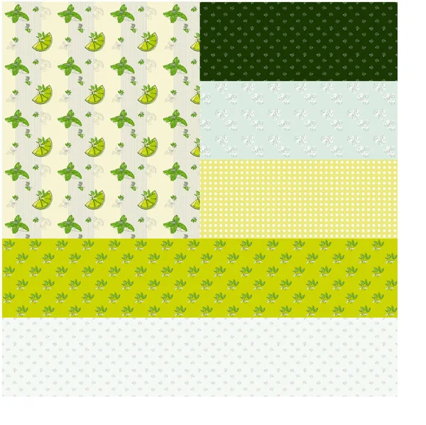 Mojito temalı bir vektör soyut geometrik desenler kümesi, yeşil yapraklar ve nane çiçekleri, bir dilim kireç, limon çiçekleri, buz parçaları, gri renkli pipetler, soluk yeşil yeşil arka planlar, bir tutam tuz içerir..