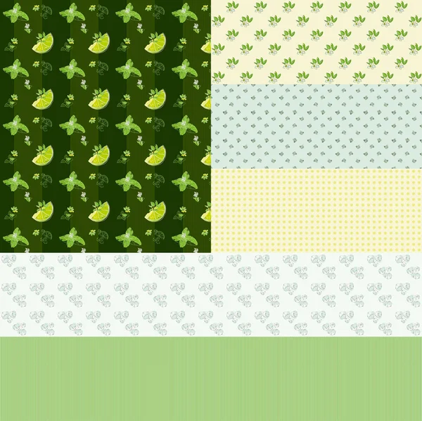 Mojito temalı bir vektör soyut geometrik desenler kümesi aşağıdaki elementleri içerir: Parlak yeşil yapraklar ve nane çiçekleri, bir dilim kireç çiçekleri, limon çiçekleri, buz parçaları, gri renk kamışları, soluk sarı ve soluk yeşil arkaplan