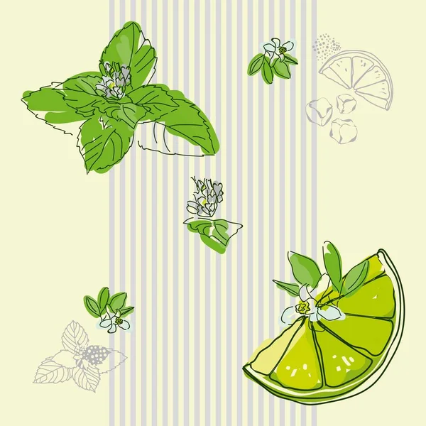 Vektör bileşimi Mint Lime Mojito parlak yeşil yapraklar ve nane çiçekleri, bir dilim kireç, kireç çiçekleri, buz parçaları, gri tüpler, soluk sarı ve soluk yeşil, koyu yeşil arka planlar, bir tutam tuz içerir.