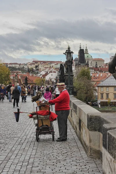 Un hombre juega en un hurdy-gurdy en el Puente de Carlos en Praga — Foto de Stock