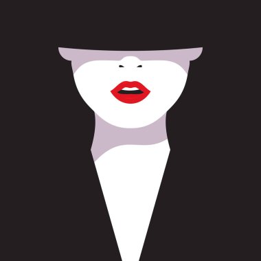 Yüksek moda. Siyah zemin üzerine kırmızı dudaklar çekici bir kadınla karikatür. Siyah vektör çizim moda kadın