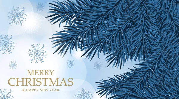 Weihnachtskarte gestalten. Silvesterbanner mit Schneeflocken und Weihnachtsbaum im Hintergrund — Stockvektor