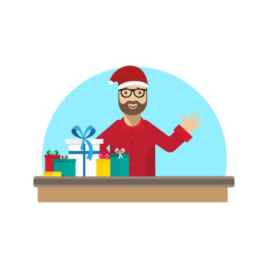 Noel Baba'nın şapkalı adam satıyor, hediyeler verir. Vektör çizim karikatür tarzı