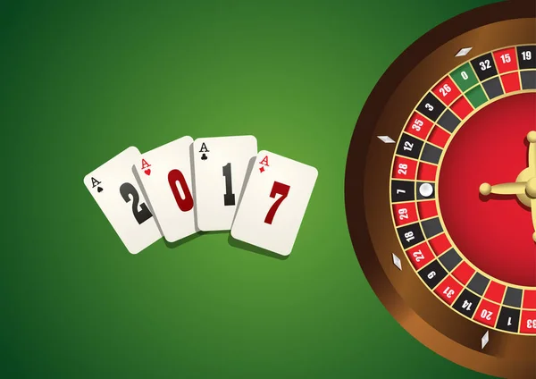 Casino rulet tekerleği ile arka plan. Yeşil tuval üzerine oyun kartları ile banner. Yaklaşan 2017 yıl şablonuyla Casino — Stok Vektör