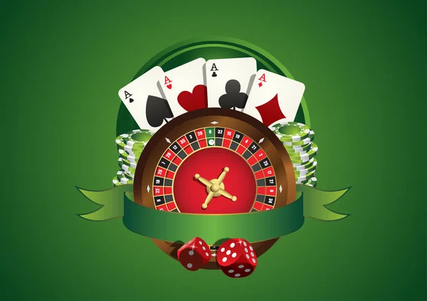 Vector casino logo. Includes roulette, casino chips, playing cards and blank green ribbon allowing to add text — Stockvector