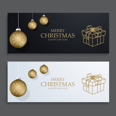 Afiş altın Noel topları ve hediyeler ile. Siyah ve beyaz arka plan tasarım kupon, fiş, sertifika, davet