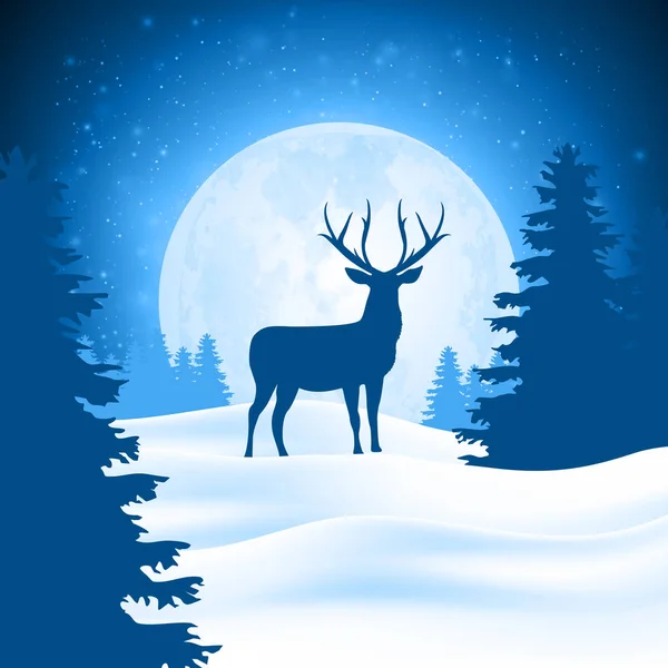 在大雪森林背景月球上的寂寞鹿。圣诞冬季景观 — 图库矢量图片