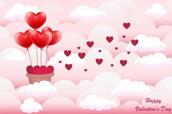 Valentine day background. Heart in a basket on balloons in the clouds — Stock Vector