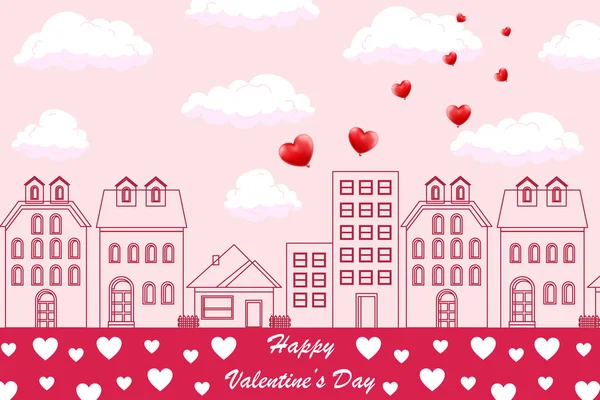 Valentines day background with cityscape, balloons heart and inscription. Vector illustration. Wallpaper, flyers, invitation, posters, brochure, banners. — Stock Vector