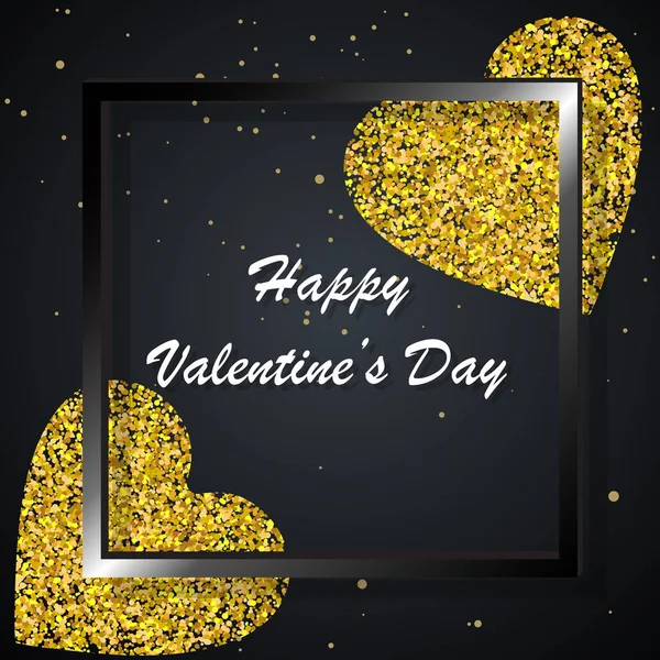 Happy Valentines Day lettering greeting card on gold elegant heart background. Festive poster and banner. — Stock Vector