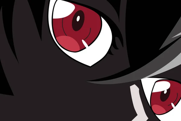 Olhos de anime. Olhos vermelhos no fundo preto. Cara de anime dos desenhos animados. Fundo para cartaz. Ilustração vetorial — Vetor de Stock