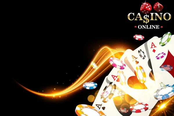 Casino fichas de poker fundo. Banner de casino ilustração vetorial com cartas de baralho —  Vetores de Stock