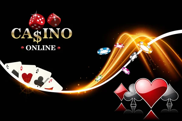 Vektorový design kasino banner. Pozadí pokeru s kostkami, kasino čipy, hrací karty — Stockový vektor