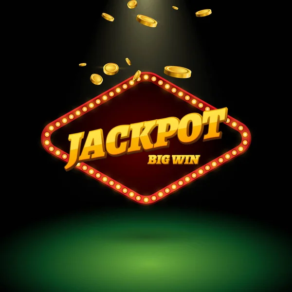 Jackpot juego bandera signo decoración. Vector gran ganar cartelera para el casino. Signo de ganador plantilla de símbolo de la suerte con monedas de dinero — Vector de stock